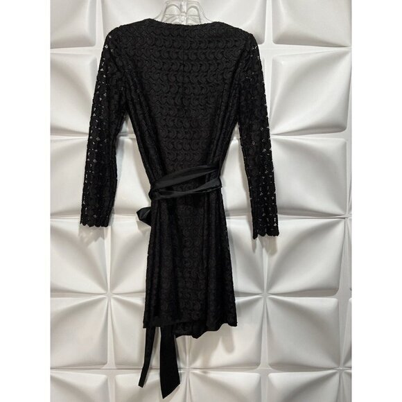 Diane von Furstenberg Sz 8 Black Lace Satin Tie Elegant Formal Wrap Dress RARE - Picture 9 of 14